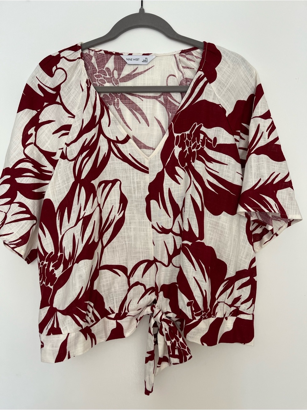 Nine West Cream and Burgundy Floral Tie-Front Blouse NWT